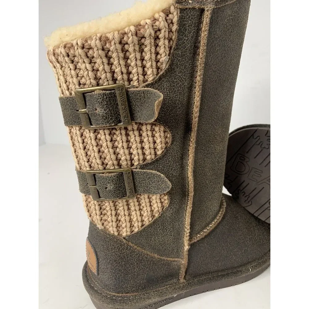 BEARPAW Women's Size 7 Brown Suede Knit‎ Wool Sheepskin Winter Boots Buckle Warm